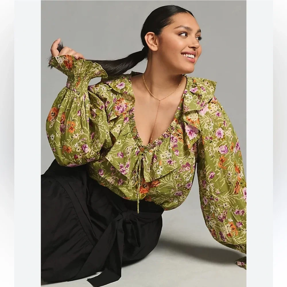 Anthropologie Gorgeous Green Floral Blouse with Tie Front, Ruffles, Bell Cuffs - Picture 1 of 9